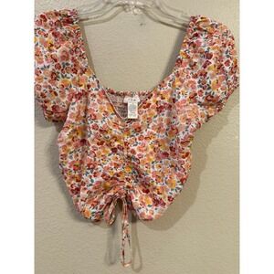 Japna Women Small Floral Puff Sleeve Top Cinched Drawstring Front Smocked Back